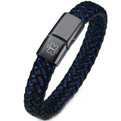 **COI Titanium Black/Silver Medical Alert Genuine Leather Bracelet With Steel Clasp(Length: 8.27 inches)-9422AA