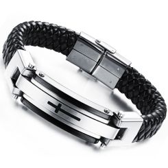 **COI Titanium Black Silver Cross Genuine Leather Bracelet With Steel Clasp(Length: 8.66 inches)-9439AA