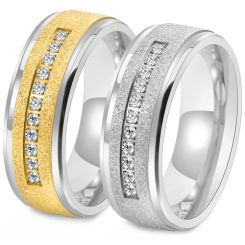 **COI Titanium Gold Tone Silver/Silver Sandblasted Beveled Edges Ring With Cubic Zirconia-9443AA