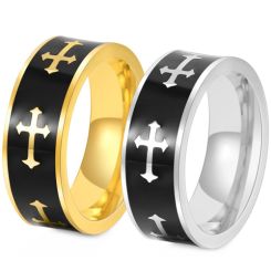 **COI Titanium Black Gold Tone/Silver Cross Pipe Cut Flat Ring-9445AA