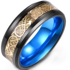 **COI Titanium Black Green/Red/Purple/Blue Gold Tone Dragon Beveled Edges Ring-9454AA