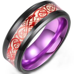 **COI Titanium Black Green/Red/Purple/Blue Red Dragon Beveled Edges Ring-9458AA
