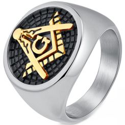 **COI Titanium Black Gold Tone/Silver Masonic Freemason Ring-9467AA