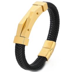 **COI Titanium Gold Tone/Silver Genuine Leather Bracelet With Steel Clasp(Length: 8.27 inches)-9474AA
