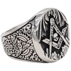 **COI Titanium Black Silver Masonic Freemason Skull Ring-9496AA