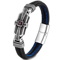 **COI Titanium Black Silver Cross Cubic Zirconia Genuine Leather Bracelet With Steel Clasp(Length: 9.05 inches)-9504AA