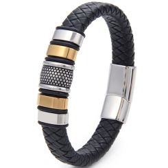 **COI Titanium Black Gold Tone Silver Genuine Leather Bracelet With Steel Clasp(Length: 8.27 inches)-9505AA