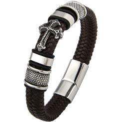 **COI Titanium Black Silver Cross Genuine Leather Bracelet With Steel Clasp(Length: 8.66 inches)-9507AA