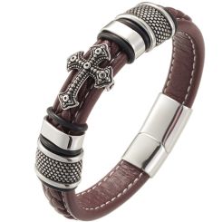**COI Titanium Black Silver Cross Genuine Leather Bracelet With Steel Clasp(Length: 9.06 inches)-9508AA