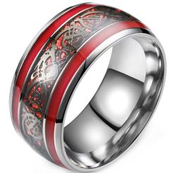 **COI Titanium Silver Black Red Dragon Dome Court Ring With Carbon Fiber-9513AA