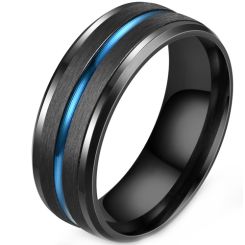 **COI Titanium Black Blue Center Groove Beveled Edges Ring-9529AA