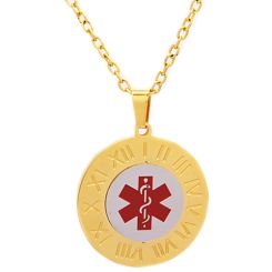 **COI Titanium Gold Tone Silver Medical Alert Pendant With Roman Numerals-9546AA