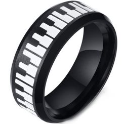 **COI Titanium Black Silver Piano Beveled Edges Ring-9551AA