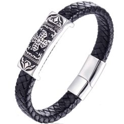 **COI Titanium Black Silver Cross Genuine Leather Bracelet With Steel Clasp(Length: 8.07 inches)-9666AA