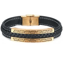 **COI Titanium Black/Gold Tone/Silver Greek Key Pattern Genuine Leather Bracelet With Steel Clasp(Length: 8.27 inches)-9670AA