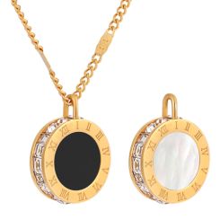 **COI Gold Tone Titanium Black & White Abalone Shell Pendant With Cubic Zirconia & Roman Numerals-9699AA