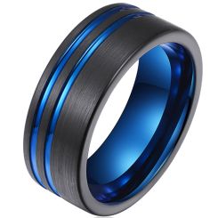 **COI Tungsten Carbide Black Blue Offset Double Grooves Pipe Cut Flat Ring-9707AA