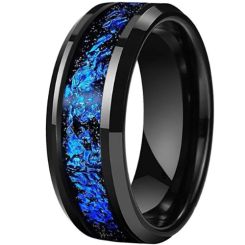**COI Tungsten Carbide Black/Gold Tone/Rose/Silver Meteorite & Blue Foil Beveled Edges Ring-9839AA