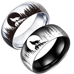 **COI Titanium Black/Silver Wolf Forest Tree Moon Dome Court Ring-9945AA