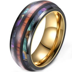 **COI Titanium Black Gold Tone Ring With Wood & Abalone Shell-9946AA