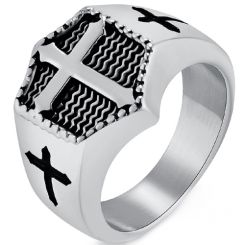 **COI Titanium Silver/Black/Gold Tone Cross Ring-9953AA