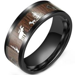 **COI Black Titanium Deer & Tree Ring With Wood-9967AA