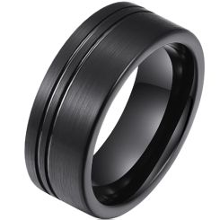 **COI Black Tungsten Carbide Double Grooves Ring-9992AA