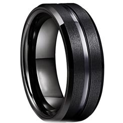 COI Tungsten Carbide Black Silver Center Groove Beveled Edges Ring-TG3612