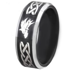 COI Titanium Black Silver Wolf Celtic Beveled Edges Ring-4677