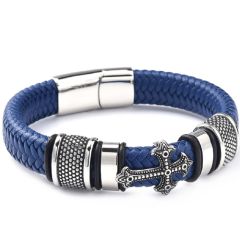 ***COI Titanium Black Silver Cross Genuine Leather Bracelet With Steel Clasp(Length: 8.27 inches)-00001AA