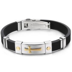***COI Titanium Silver/Gold Tone Silver Cross Rubber Bracelet With Steel Clasp(Length: 8.27 inches)-00021AA