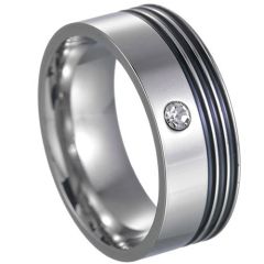 ***COI Titanium Black Silver Triple Grooves Ring With Cubic Zirconia-00052AA