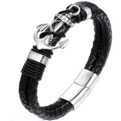 ***COI Titanium Black Silver Anchor Genuine Leather Bracelet With Steel Clasp(Length: 8.07 inches)-00072AA