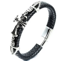 ***COI Titanium Cross Genuine Leather Bracelet With Steel Clasp(Length: 8.27 inches)-00100AA