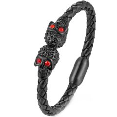 ***COI Titanium Black/Silver Skull Created Red Ruby Genuine Leather Bracelet With Steel Clasp(Length: 9.06 inches)-00161AA