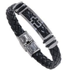 ***COI Titanium Cross Genuine Leather Bracelet With Steel Clasp(Length: 8.07 inches)-00180AA