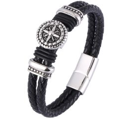 ***COI Titanium Black Silver Compass Genuine Leather Bracelet With Steel Clasp(Length: 8.07 inches)-00186AA