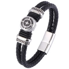 ***COI Titanium Black Silver Compass Genuine Leather Bracelet With Steel Clasp(Length: 8.07 inches)-00187AA