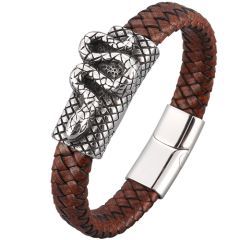 ***COI Titanium Black Silver Snake Genuine Leather Bracelet With Steel Clasp(Length: 8.46 inches)-00189AA