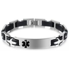 ***COI Titanium Black Silver Cross Medical Alert Bracelet With Steel Clasp(Length: 8.66 inches)-00233AA