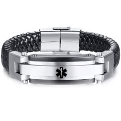 ***COI Titanium Black Silver Medical Alert Genuine Leather Bracelet With Steel Clasp(Length: 8.66 inches)-00235AA
