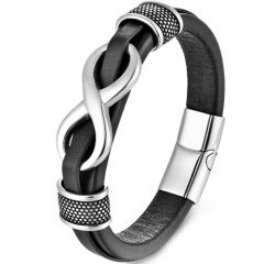 ***COI Titanium Black/Silver Infinity Genuine Leather Bracelet With Steel Clasp(Length: 8.27 inches)-00324AA