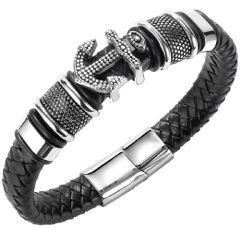 ***COI Titanium Black Silver Anchor Genuine Leather Bracelet With Steel Clasp(Length: 8.46 inches)-00341AA