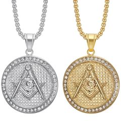 ***COI Titanium Gold Tone/Silver Masonic Freemason Pendant With Cubic Zirconia-00399AA