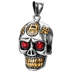 ***COI Titanium Black Gold Tone Silver Skull Pendant With Created Red Ruby-00419AA