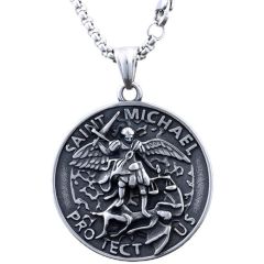 ***COI Titanium Black Silver St Michael Protect Us Pendant-00430AA