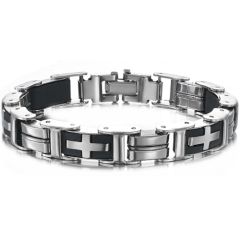 ***COI Titanium Black Silver Cross Bracelet With Steel Clasp(Length: 8.27 inches)-00458AA