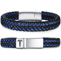***COI Titanium Medical Alert Genuine Leather Bracelet With Steel Clasp(Length: 7.28 inches)-00489AA