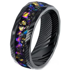 ***COI Black Tungsten Carbide Damascus Ring With Meteorite & Crushed Opal-00515AA