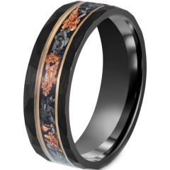 ***COI Tungsten Carbide Black Gold Tone Double Grooves Ring With Camo & Meteorite-00520AA